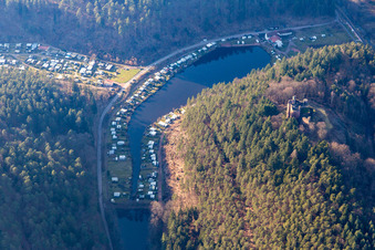 Aerial photograpy of Neudahner Weiher campsite in Dahn in the state Rhineland-Palatinate, Germany