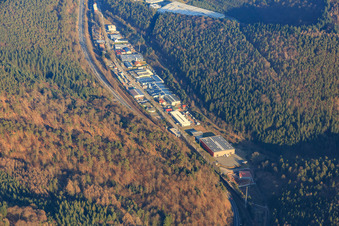 Oblique view of Industrial area Alte Bundesstraße in the Queichtal from the west in Hauenstein in the state Rhineland-Palatinate, Germany