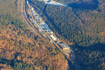 Industrial area Alte Bundesstraße in the Queichtal from the west in Hauenstein in the state Rhineland-Palatinate, Germany from above