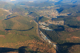 Industrial area Alte Bundesstraße in the Queichtal from the west in Hauenstein in the state Rhineland-Palatinate, Germany seen from above