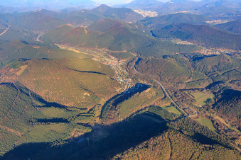Evening view of the Queichtal valley from the west in Wilgartswiesen in the state Rhineland-Palatinate, Germany