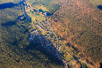 Oblique view of View of the village in the evening between the railway and the B10 in the Queichtal from the west in Wilgartswiesen in the state Rhineland-Palatinate, Germany
