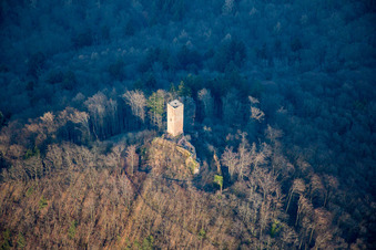 Oblique view of Scharfenberg Castle ruins, called "Münz in Leinsweiler in the state Rhineland-Palatinate, Germany