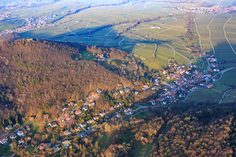 Aerial view of Trifelsstr in the Birnbachtal from the southwest in the evening light in Leinsweiler in the state Rhineland-Palatinate, Germany