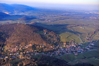Oblique view of Trifelsstr in the Birnbachtal from the southwest in the evening light in Leinsweiler in the state Rhineland-Palatinate, Germany