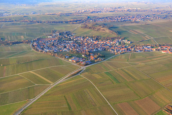Aerial photograpy of Wine-growing village under the small Kalmit from the southwest in Ilbesheim bei Landau in the state Rhineland-Palatinate, Germany