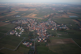 Village - view on the edge of agricultural fields and farmland in Impflingen in the state Rhineland-Palatinate, Germany