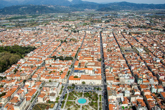 Aerial view of Parc on place Piazza Giuseppe Mazzini on Strandpromenade in the inner city center in Viareggio in Toskana, Italy
