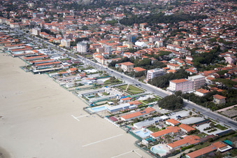 Aerial view of Coastline on the sandy beach of the Ligurian sea in Forte dei Marmi in Toskana, Italy