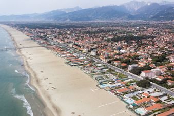 Aerial photograpy of Coastline on the sandy beach of the Ligurian sea in Forte dei Marmi in Toskana, Italy