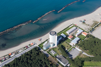High-rise building of the hotel complex Colonia marina Edoardo Agnelli in Villaggio Torre Marina at beach of the liguric sea in Massa in Toskana, Italy