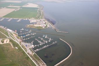 Aerial view of Pleasure boat marina with docks and moorings on the shore area der Adria in Goro in Emilia-Romagna, Italy