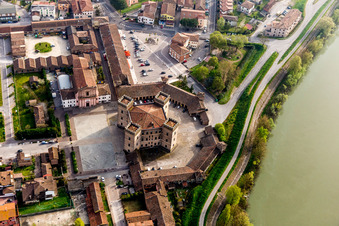 Aerial view of Castle towers at Castle Castle of Robinie Castello di Mesola - Delizia Estense at the Po river in Mesola in Emilia-Romagna, Italy