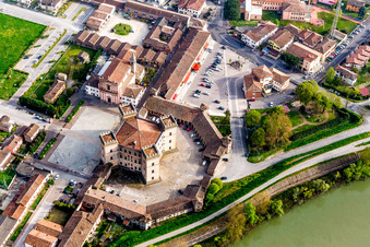 Aerial photograpy of Castle towers at Castle Castle of Robinie Castello di Mesola - Delizia Estense at the Po river in Mesola in Emilia-Romagna, Italy