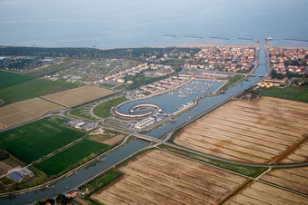 Pleasure boat marina with docks and moorings on the shore area Marina di Porto Reno in Casalborsetti in Emilia-Romagna, Italy