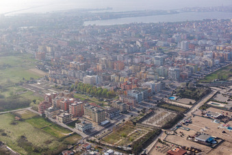 Aerial view of Sottomarina di Chioggia in Chioggia in the state Metropolitanstadt Venedig, Italy
