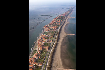 Settlement area in the district Pellestrina in Venedig in Venetien, Italy seen from a drone