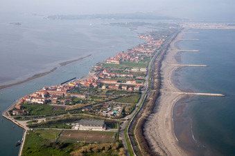 Aerial photograpy of Residential house development on the peninsula Lido di Venecia in the district San Pietro in Volta in Venedig in Venetien, Italy