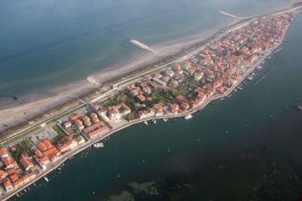Aerial view of Townscape on the seacoast of Mediterranean Sea in San Vito in Veneto, Italy
