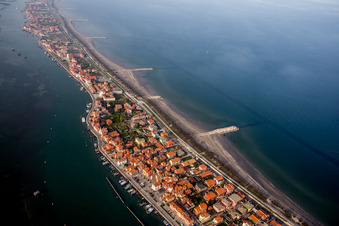 Townscape on the seacoast of Mediterranean Sea in San Vito in Veneto, Italy from above