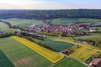 Village view on the Rauhe Ebrach from the north in the district Wustviel in Rauhenebrach in the state Bavaria, Germany