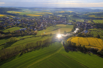 Village view on the Rauhe Ebrach from the west in the district Schönbrunn in  Steigerwald in Schönbrunn im Steigerwald in the state Bavaria, Germany