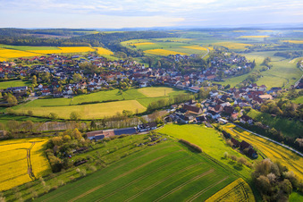 Village view at the Rauhe Ebrach from the southwest in the district Schönbrunn in  Steigerwald in Schönbrunn im Steigerwald in the state Bavaria, Germany