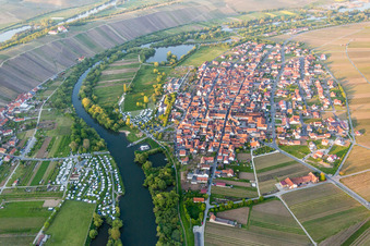 Aerial view of Fields of wine cultivation landscape in Nordheim am Main in the state Bavaria, Germany