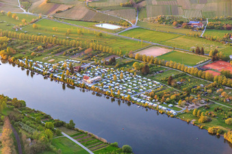 Aerial view of Ankergrund campsite on the banks of the Main in Volkach in the state Bavaria, Germany