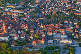 Aerial photograpy of Old town with St. Bartholomew and Thieves' Tower in Volkach in the state Bavaria, Germany