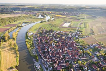 Aerial photograpy of Village on the river bank areas of the Main river in the district Obereisenheim in Eisenheim in the state Bavaria, Germany
