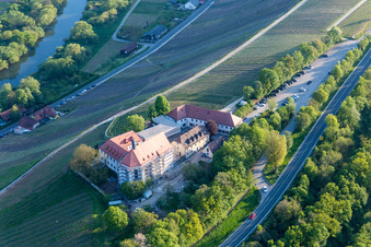 Aerial view of Fields of wine cultivation landscape Mainhang at the Vogelsburg in the district Escherndorf in Volkach in the state Bavaria, Germany
