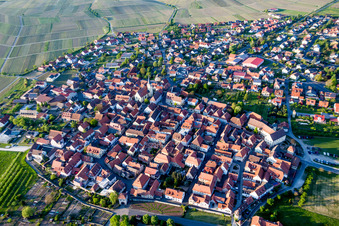 Village - view on the edge of agricultural fields and farmland in Sommerach in the state Bavaria, Germany