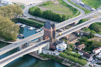 Aerial view of River - bridge construction Nibelungenbridge for the B47 crossing the Rhine in Worms in the state Rhineland-Palatinate, Germany
