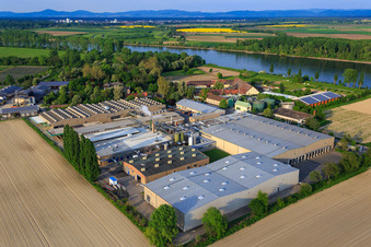 Aerial photograpy of Intersnack Deutschland SE plant in Petersau on the banks of the Rhine in the district Mörsch in Frankenthal in the state Rhineland-Palatinate, Germany