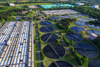 Oblique view of BASF wastewater treatment plant in the district Mörsch in Frankenthal in the state Rhineland-Palatinate, Germany