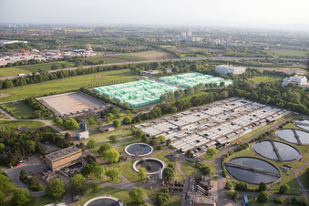 BASF wastewater treatment plant in the district Mörsch in Frankenthal in the state Rhineland-Palatinate, Germany from above