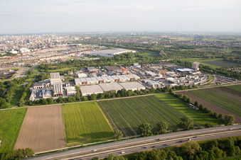 Aerial view of Muldenweg commercial area in the district Pfingstweide in Ludwigshafen am Rhein in the state Rhineland-Palatinate, Germany