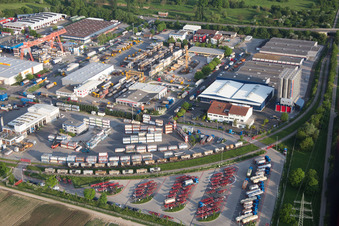 Oblique view of Muldenweg commercial area in the district Pfingstweide in Ludwigshafen am Rhein in the state Rhineland-Palatinate, Germany