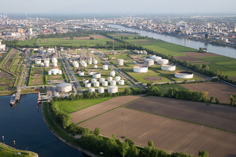 Oblique view of BASF Friesenheim in the district Neckarstadt-West in Mannheim in the state Baden-Wuerttemberg, Germany