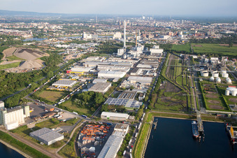 Building and production halls on the premises of MTG Bayer GmbH in the district Industriehafen in Mannheim in the state Baden-Wurttemberg, Germany