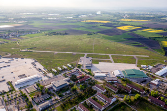 Aerial view of Locked runway at the former airfield Coleman of US Air force in the district Sandhofen in Mannheim in the state Baden-Wurttemberg, Germany