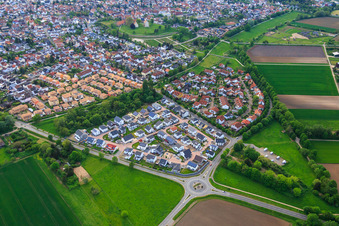 Aerial photograpy of Malvenweg residential area with ochre-colored tiled roofs in Lorsch in the state Hesse, Germany