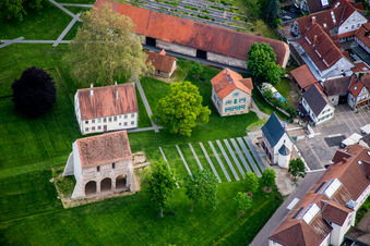 Aerial view of Building complex of the former monastery and today's UNESCO World Heritage Site Monastery Lorsch in Lorsch in the state Hesse, Germany