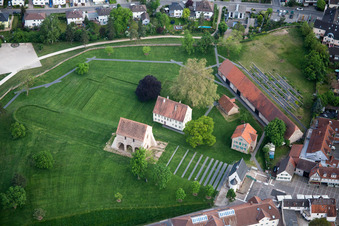 Aerial photograpy of Building complex of the former monastery and today's UNESCO World Heritage Site Monastery Lorsch in Lorsch in the state Hesse, Germany