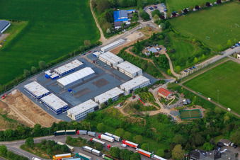 Aerial photograpy of Container settlement for refugees and asylum seekers in Bensheim in the state Hesse, Germany
