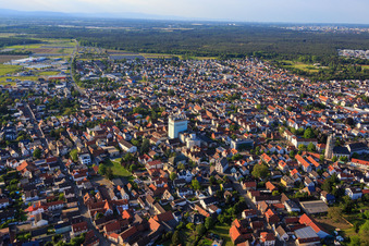 Main Street with Malt Factory Rheinpfalz GmbH in Pfungstadt in the state Hesse, Germany
