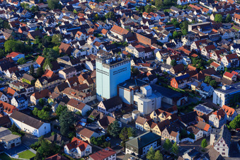 Aerial view of Main Street with Malt Factory Rheinpfalz GmbH in Pfungstadt in the state Hesse, Germany