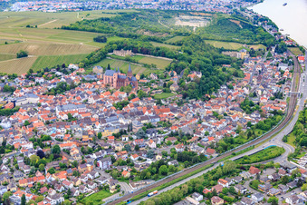 Aerial view of Ruins of Landskron Castle above St. Catherine's Church Oppenheim in Oppenheim in the state Rhineland-Palatinate, Germany