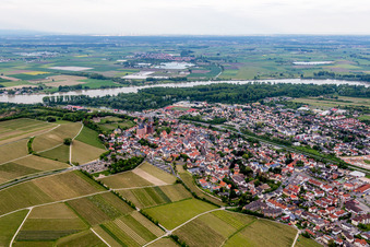 Aerial view of Town on the banks of the river of the Rhine river in Oppenheim in the state Rhineland-Palatinate, Germany